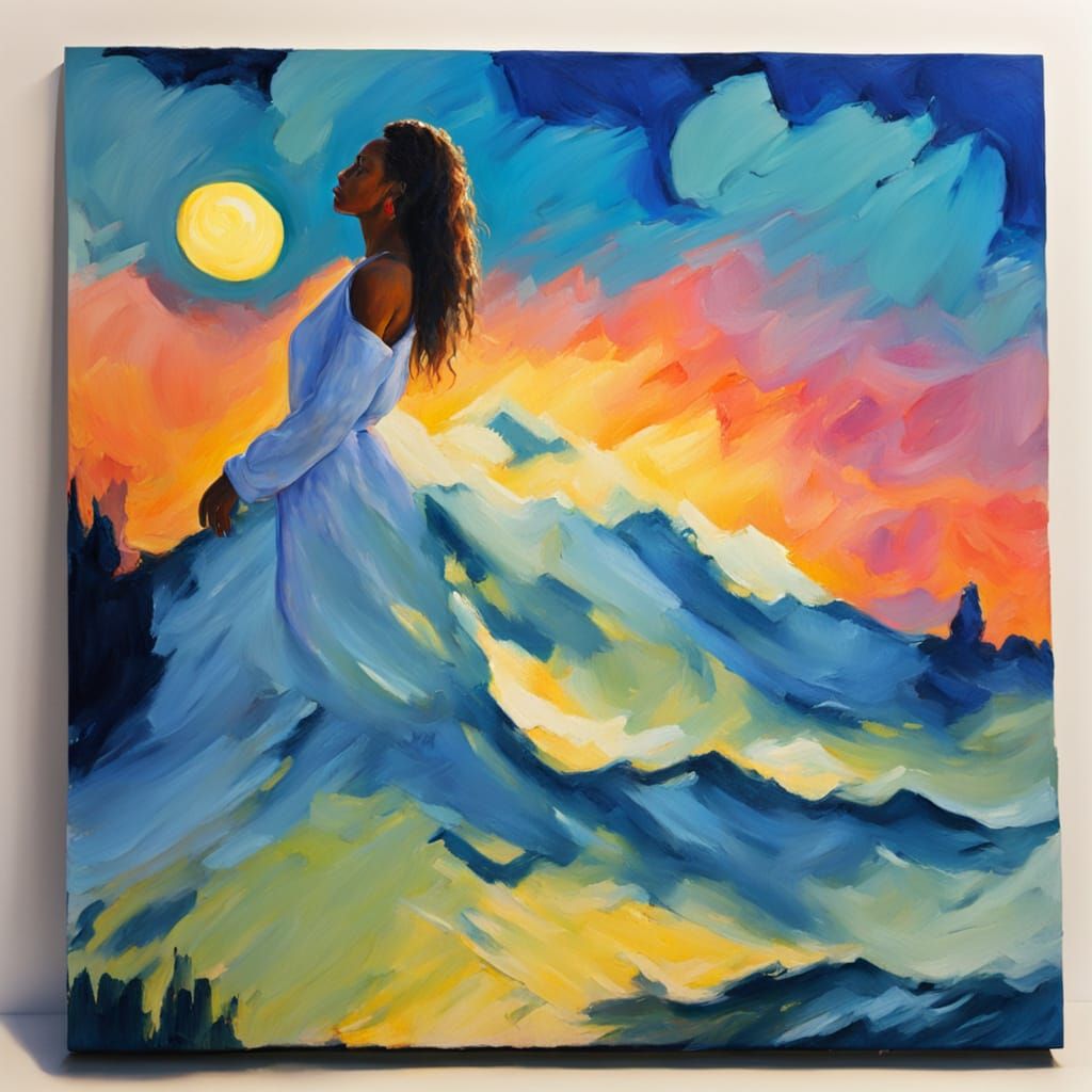 Woman in Moonlight Gouache Painting