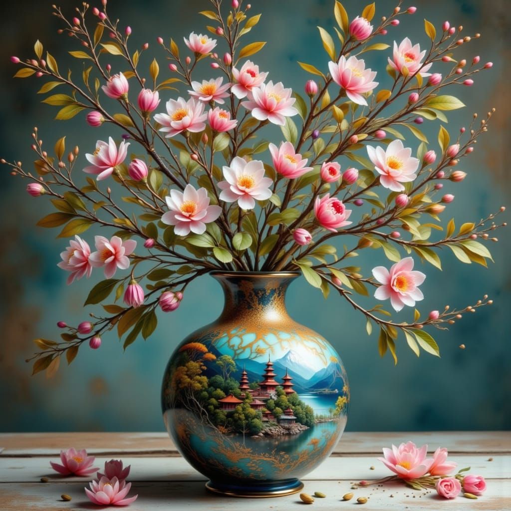 Sakura Storm in Turquoise Kintsugi Vase