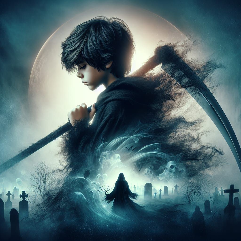 Ethereal Graveyard: Boy with Scythe in Moonlight