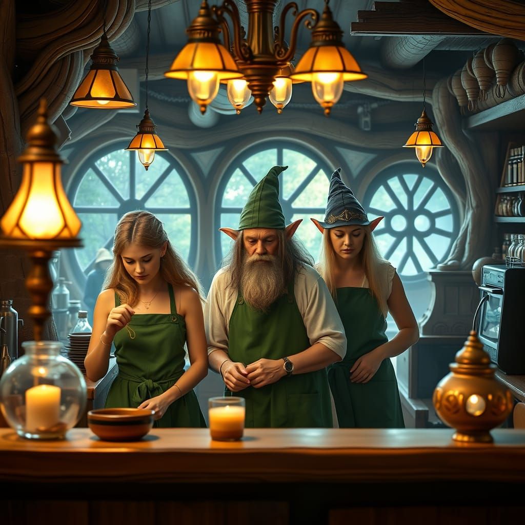 Tolkien Trio as Baristas in Magical Elven Coffee Shop