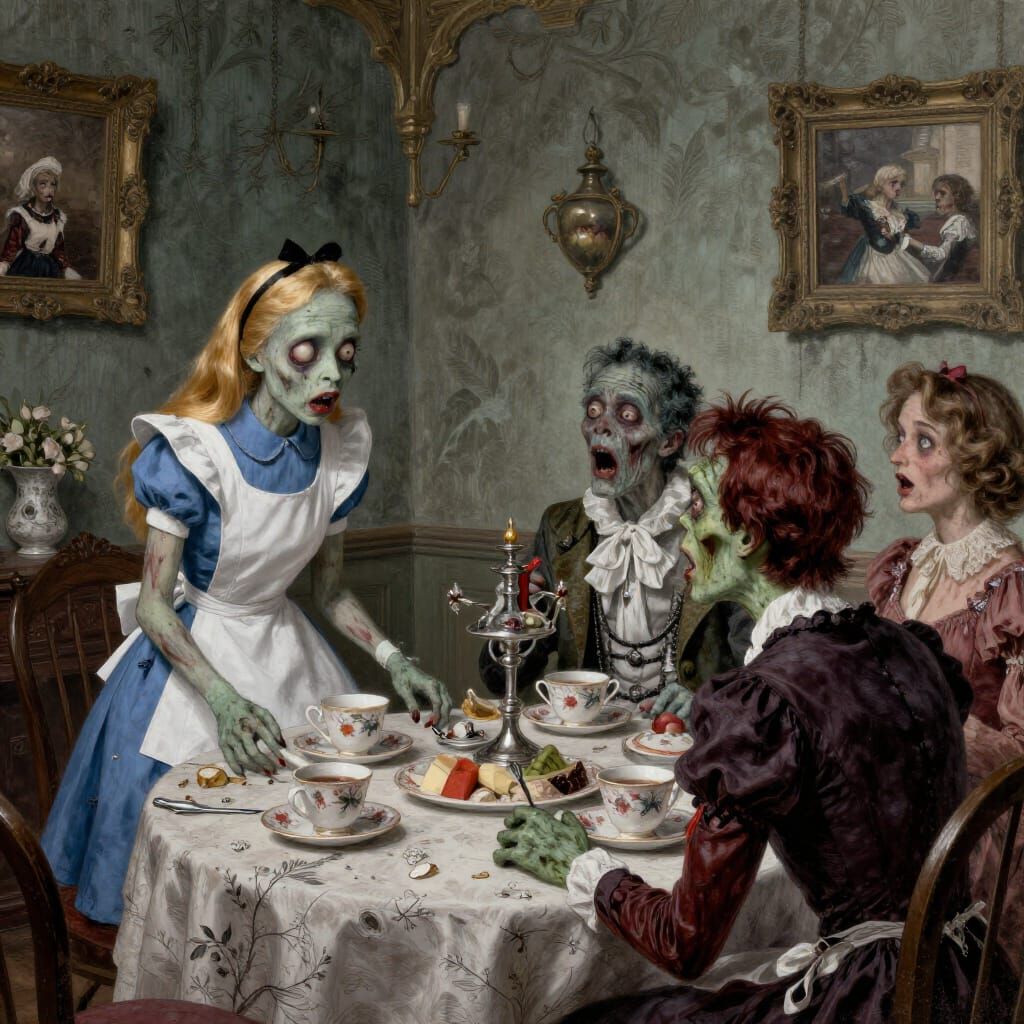 Zombie Alice in Wonderland Tea Party in Gustave Doré Style