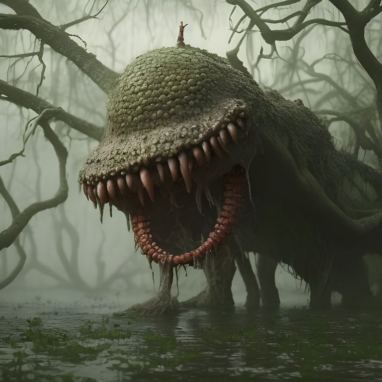 Mangrove Monster in Misty Marshlands: Detailed Surreal Art