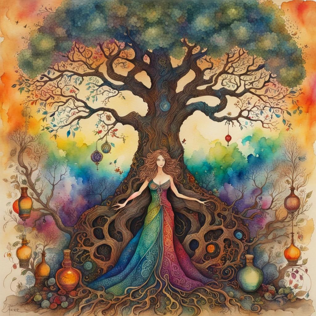Watercolor Tree of Life with Emerging Woman