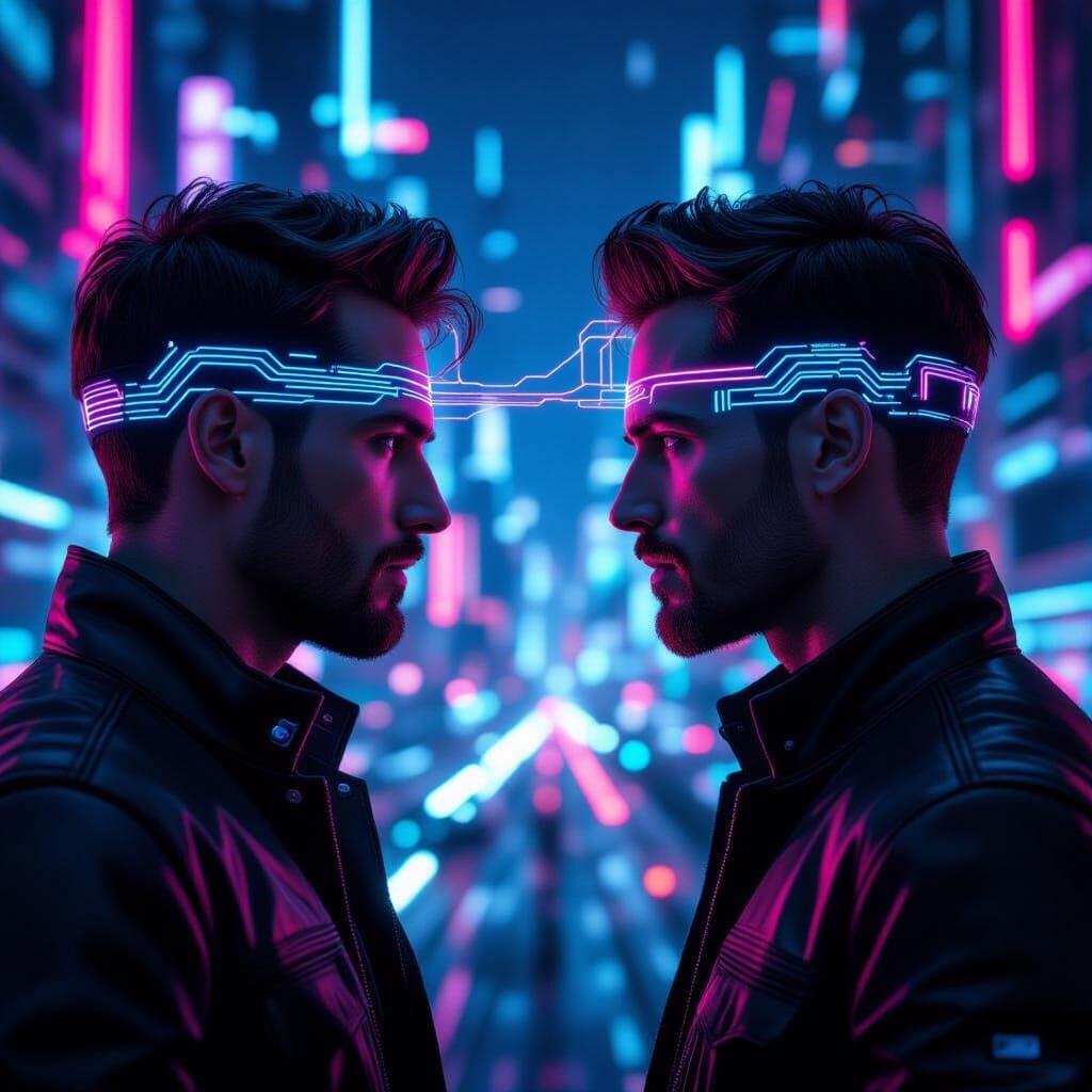 Mind-Reading Men Connect with High-Tech Lines in Neon City