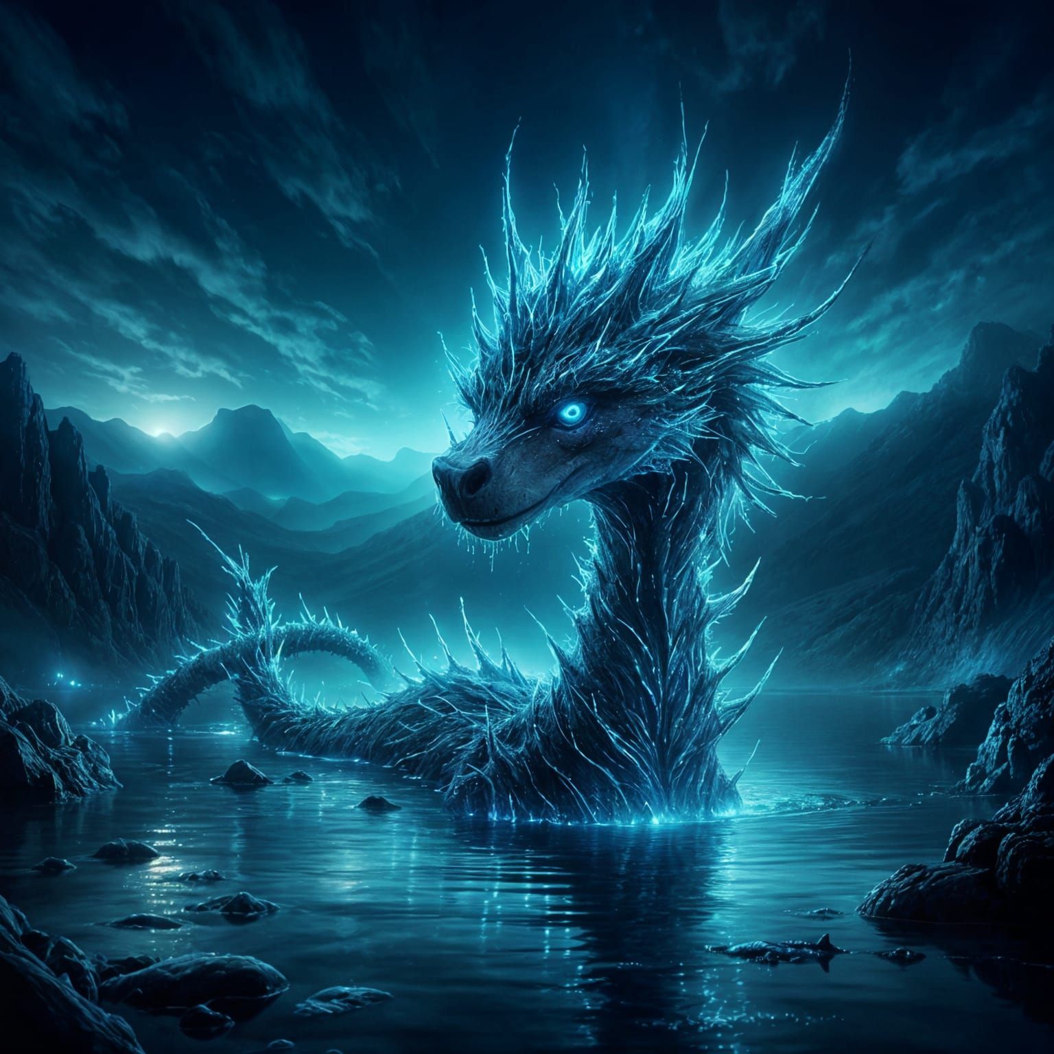 Neon Loch Ness Monster in Watercolor