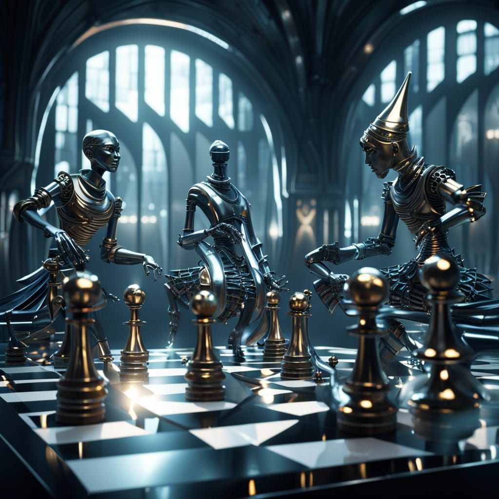 Futuristic Chess Game with Metallic Mannequins