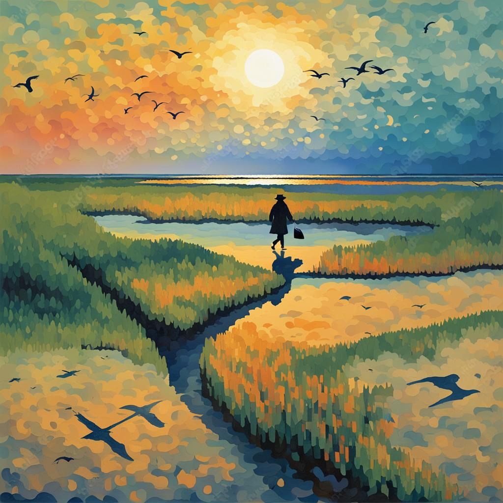 Wadden Sea Sunset: Pointillist Beach Scene