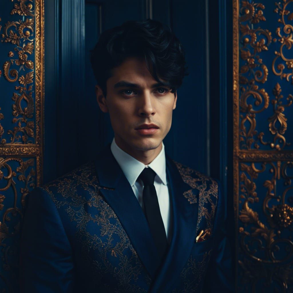 Detailed Portrait of a Man in Dark Blue Suit