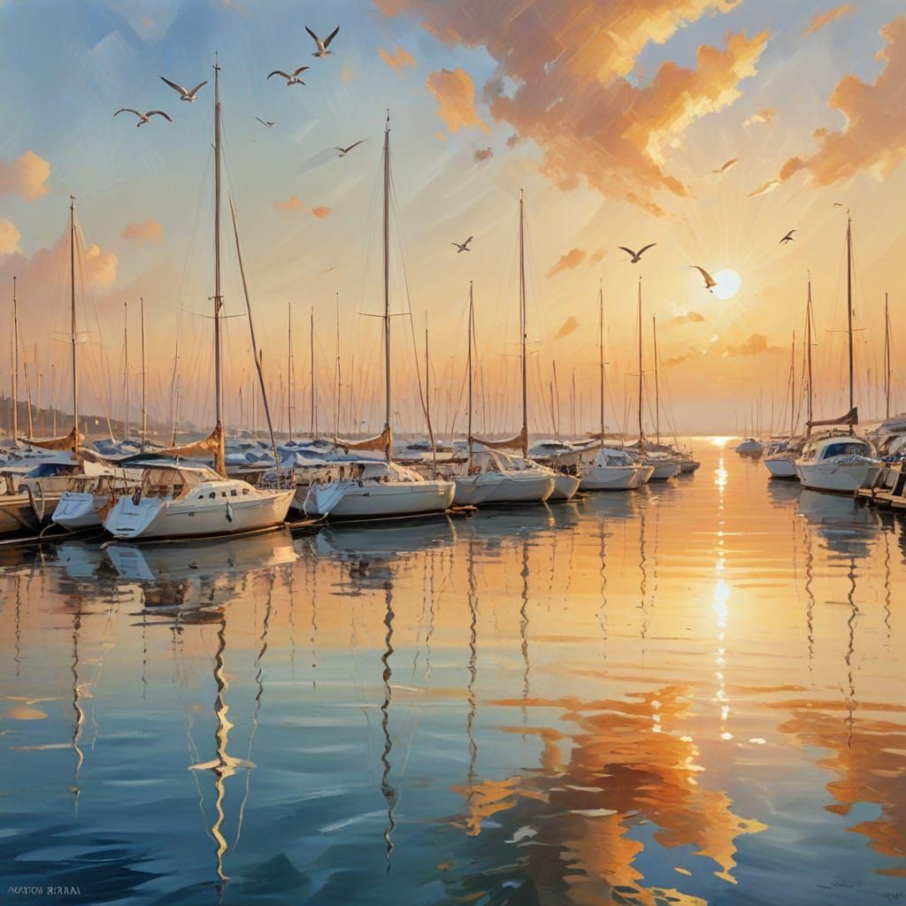 Impressionist Marina with Sailboats in Golden Light