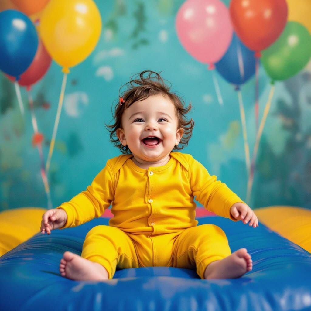 Joyful Baby Playing on Bouncy Castle with Balloons
