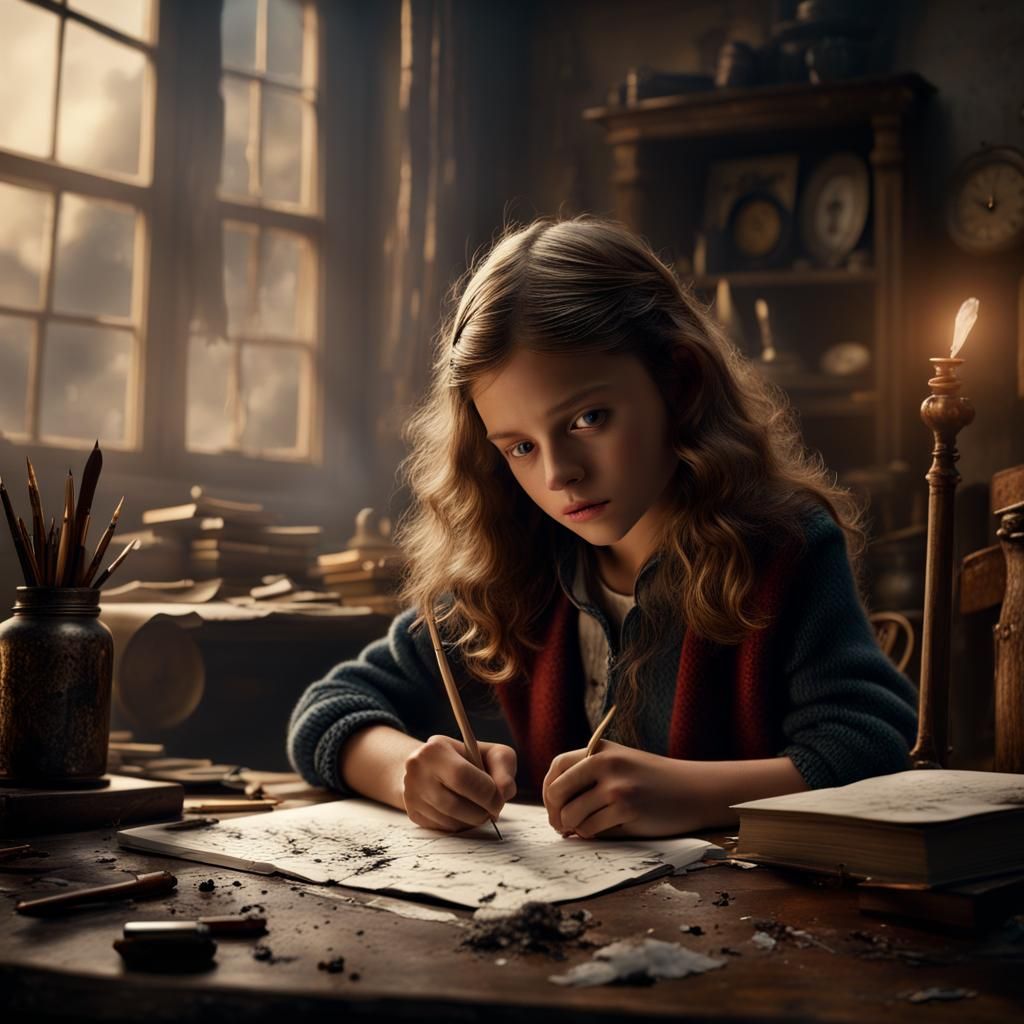 Frustrated Girl with Quill and Ink Spill