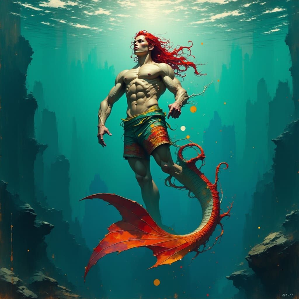 Handsome Merman with Red and Silver Fish Tail