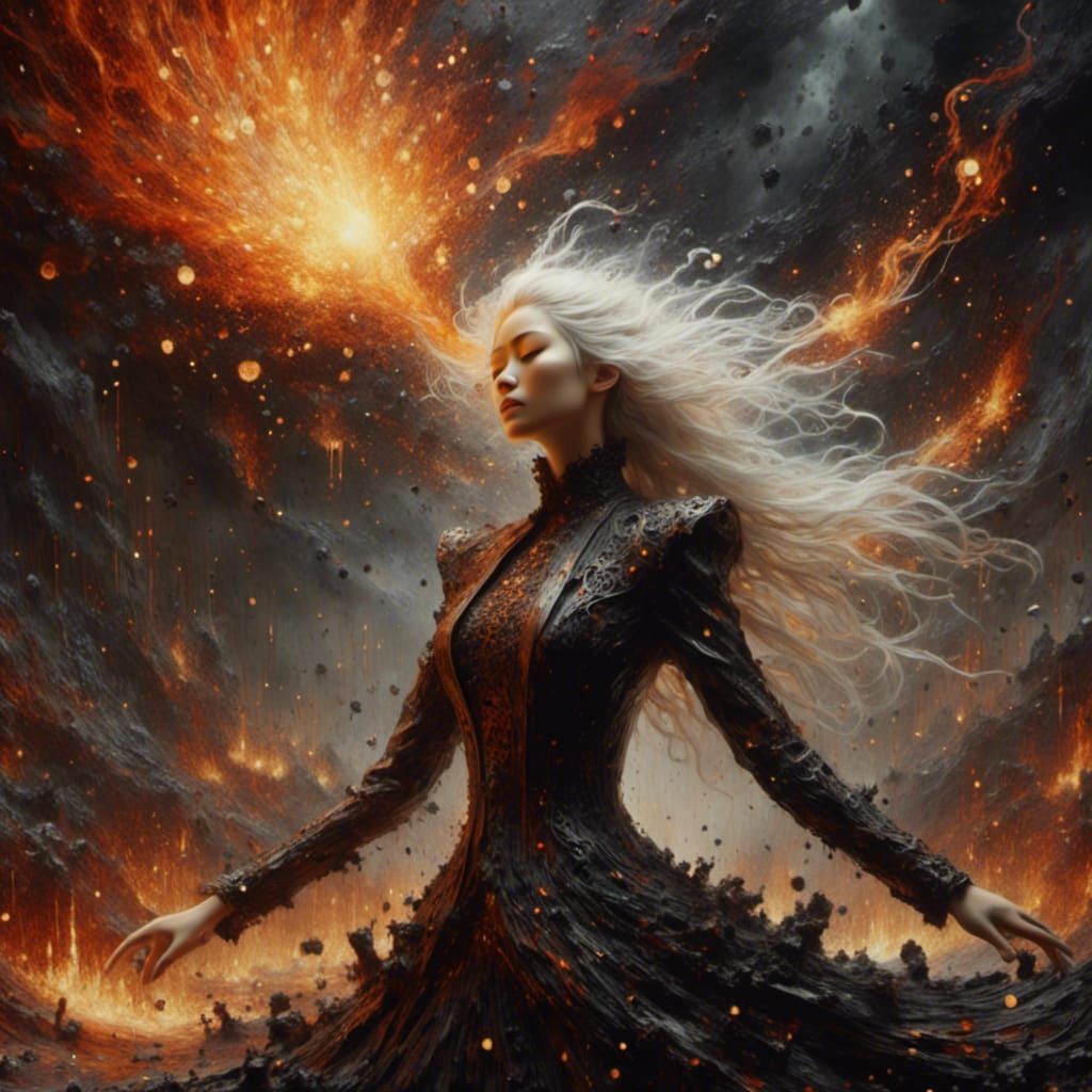 Woman Embracing Ash Figure in Steampunk Style