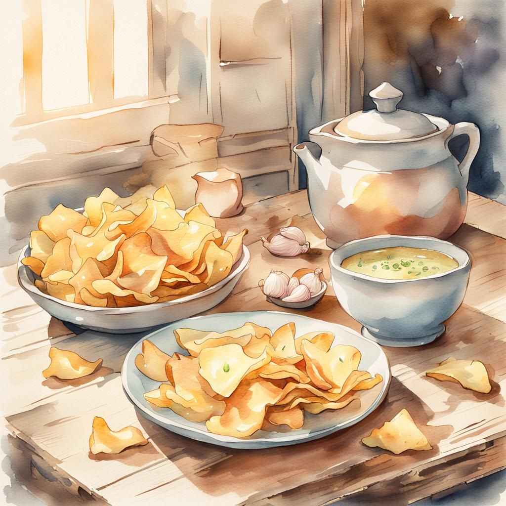 Crunchy Chips with Garlic Sauce: Watercolor Illustration