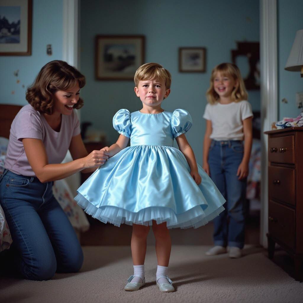 1960s Boy Cries in Flower Dress in Kodachrome Style