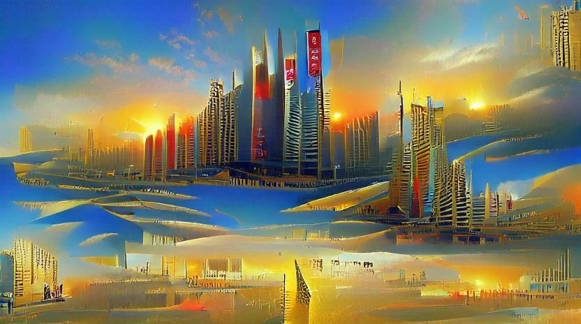 Cyberpunk Cityscape Painting at Sunrise on the Beach