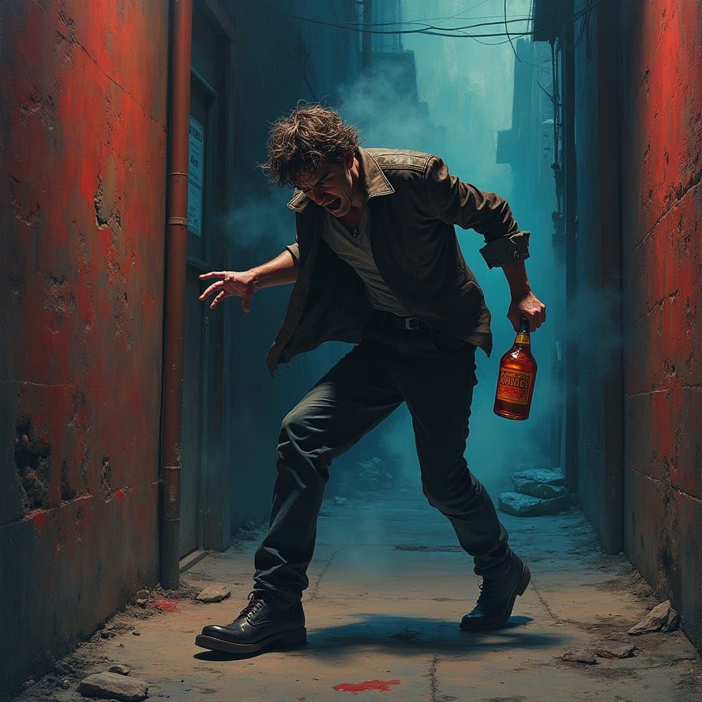 Distraught Figure in a Gritty, Urban Landscape