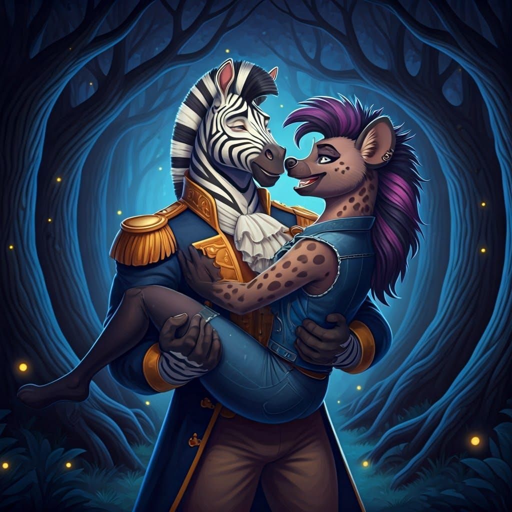 Regal Zebra Prince and Hyena Love in a Moonlit Forest