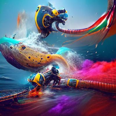 Diver Jousts Leviathan: Colorful 3D Concept Art