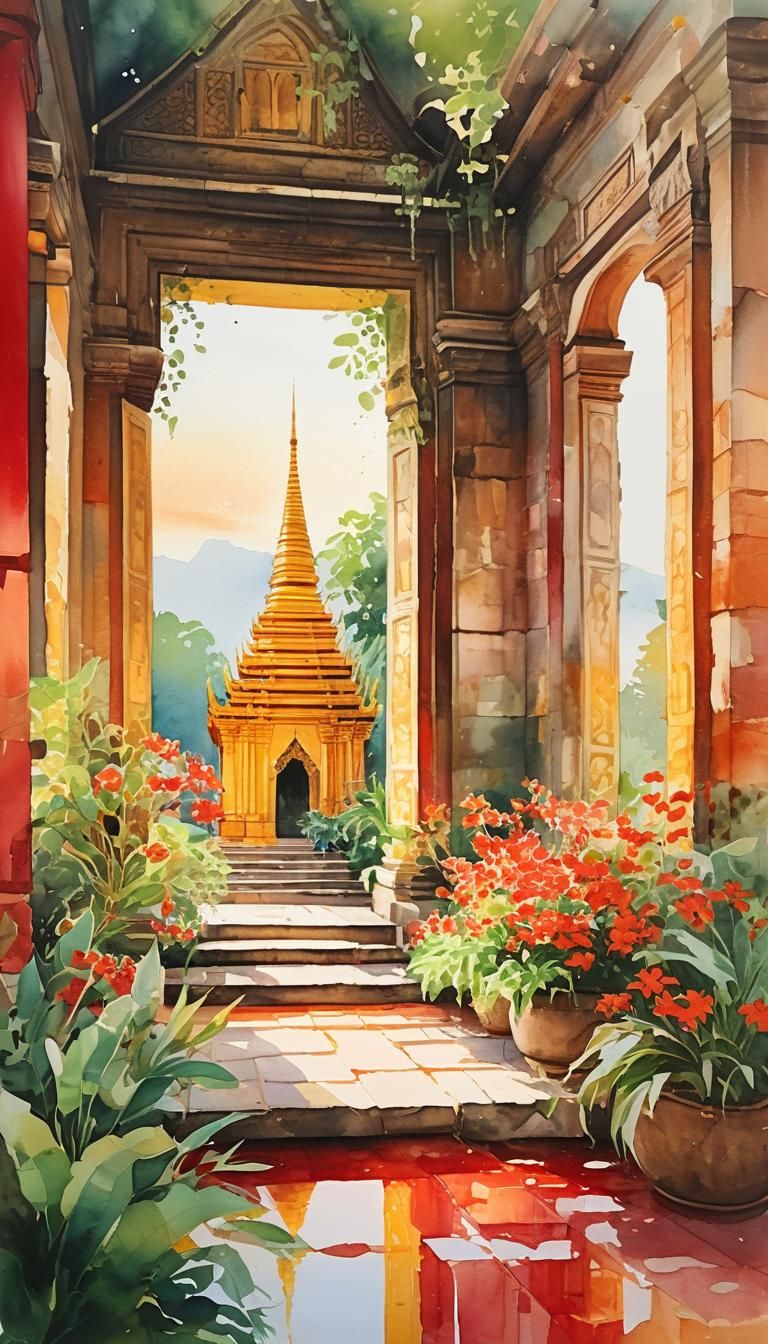 Sanam Liang Wat Phra Kare, dynamic red tones, the scene is shrouded in a peaceful atmosphere, it reflects the vibrant Fl...
