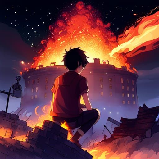 Teen Silhouette at Burning Ruins in Anime Style