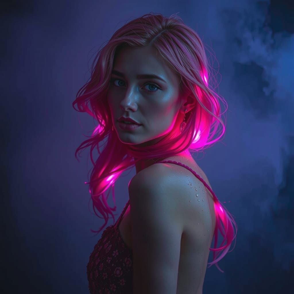 Iridescent Woman with Glowing Rose Hair