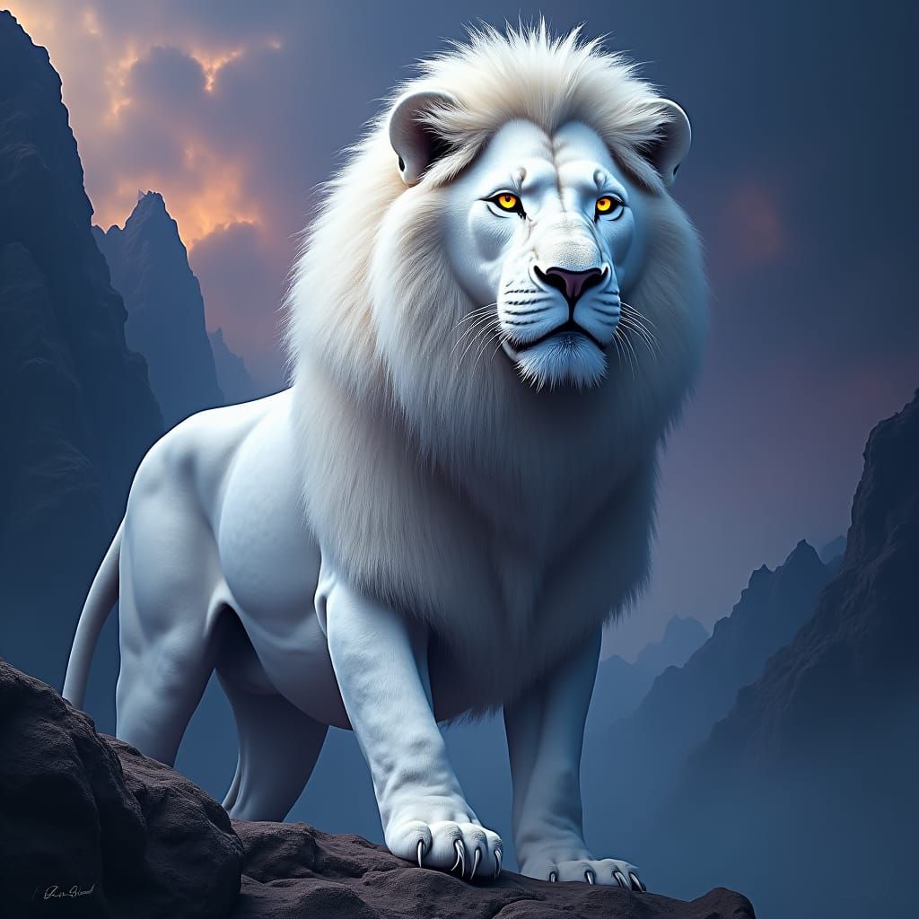 Majestic White Lion Portrait in Matte Painting Style