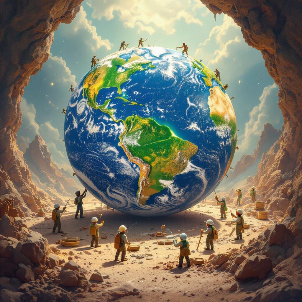 Tiny Civilization Building Earth in Surreal Hyperrealism