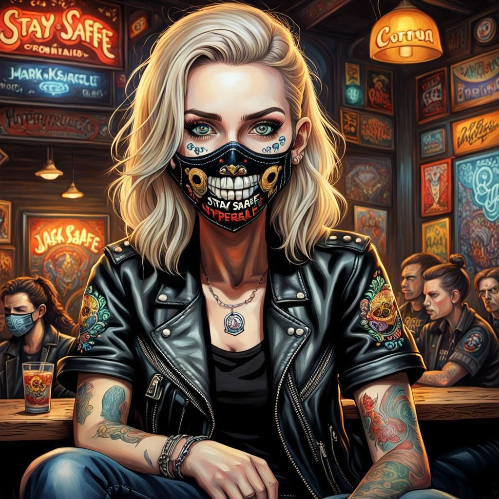 Masked Woman in Rock Club: Hyperrealistic Digital Art
