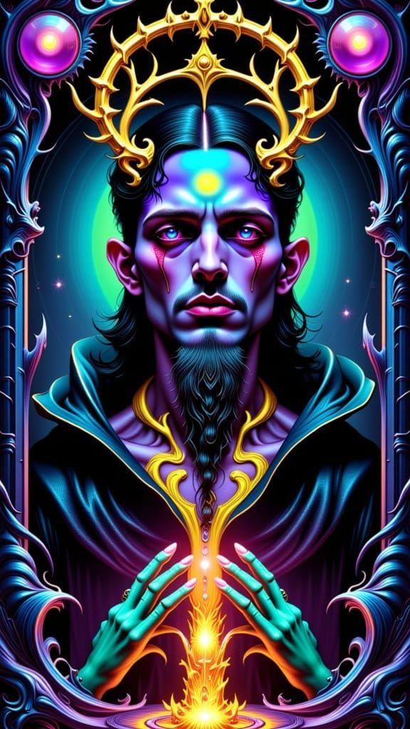 The Hierophant Tarot Card in Bioluminescent Retrofuturism