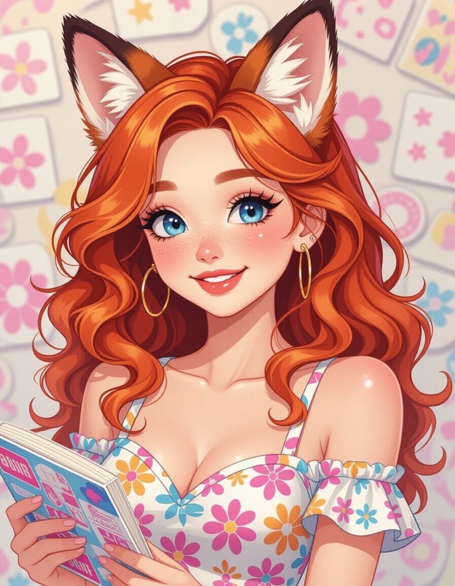 Fox-Eared Woman in Manga-Inspired Sticker Book Art