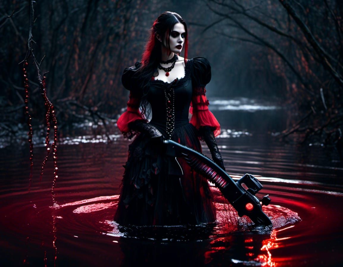Vampire Woman with Chainsaw in Gothic Horror Style