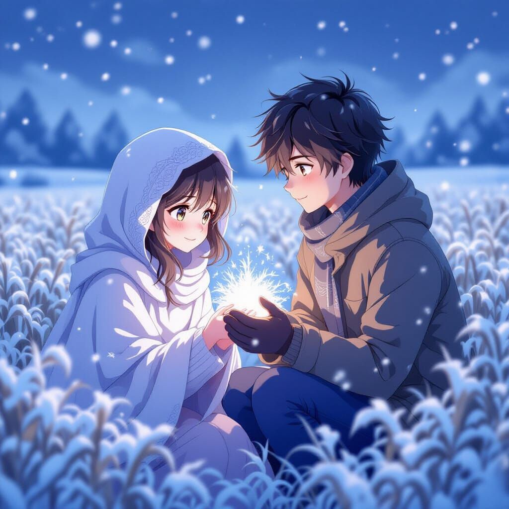 Farmer's Daughter's Sacrifice to Frost Spirit in Anime Style