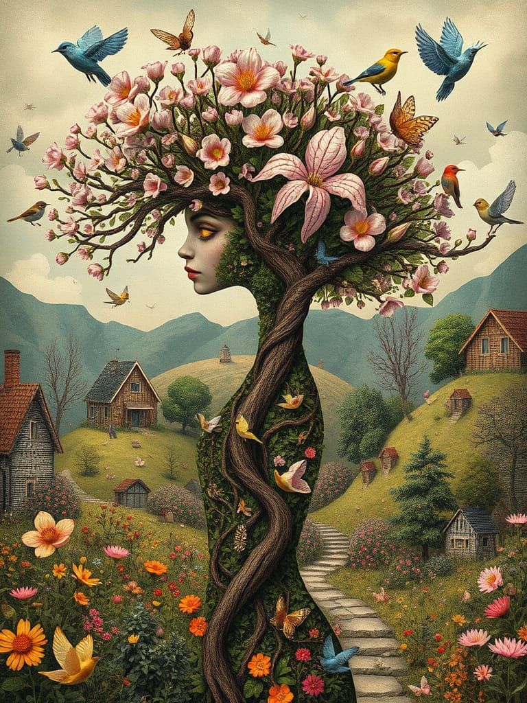 Surreal Tree Goddess in Springtime Village