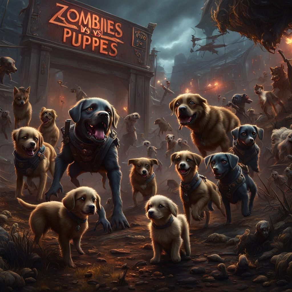 Epic Battle: Zombies Versus Puppies in Fantasy Art
