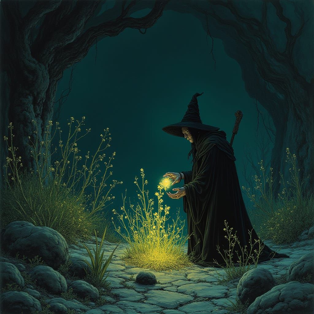 Witch Tends Alien Garden with Bioluminescent Flora