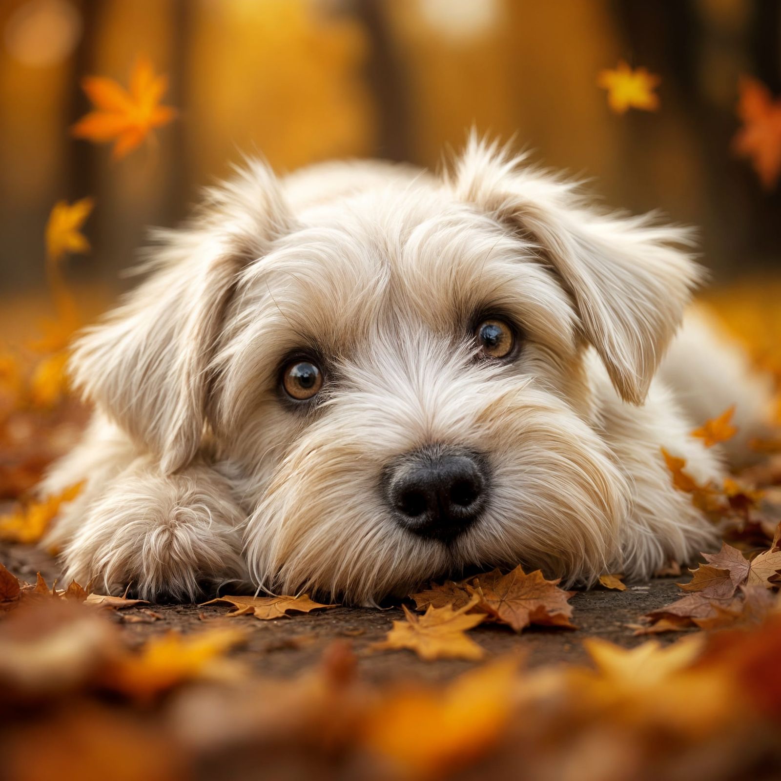 Cute Schnauzer Puppy in Autumn Leaves Digital Art