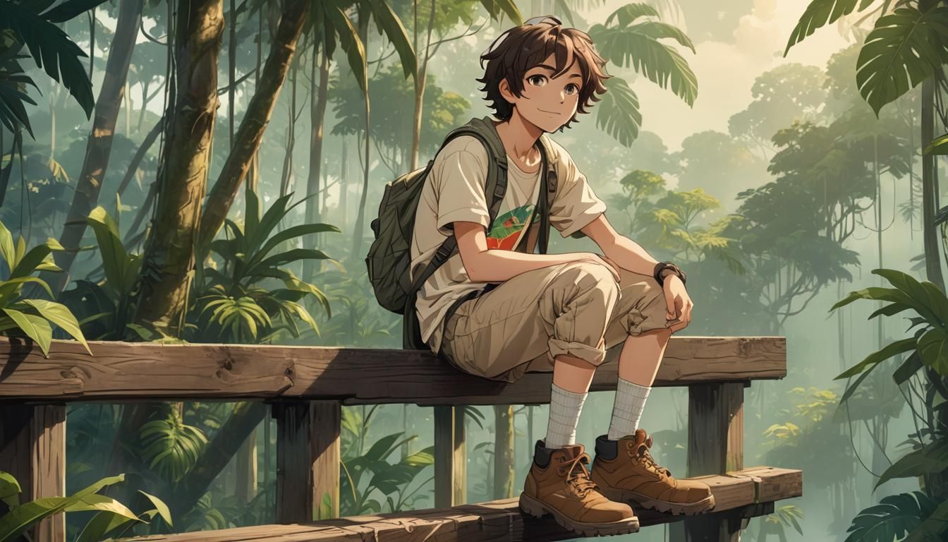 Anime Boy Explorer in Amazon Rainforest Digital Art
