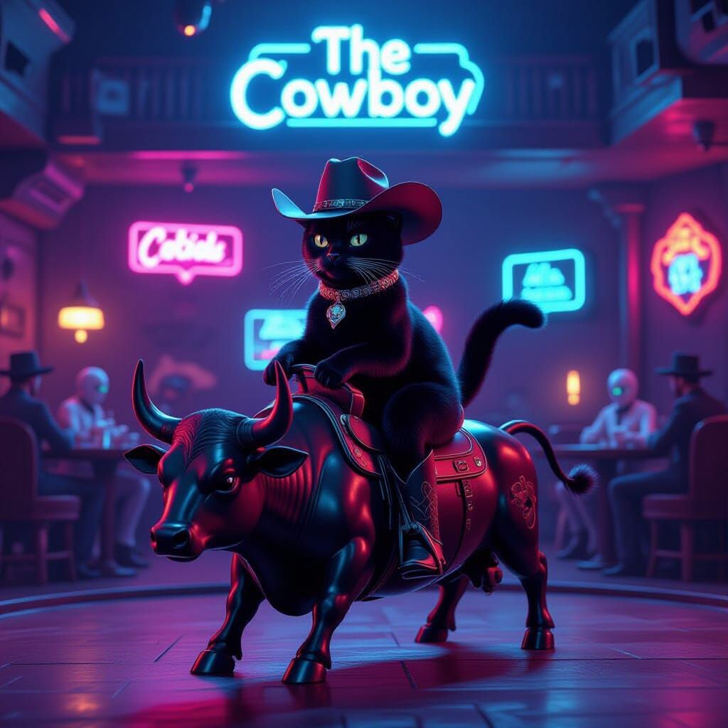 Black Cat Cowboy Rides Bull in Futuristic Saloon