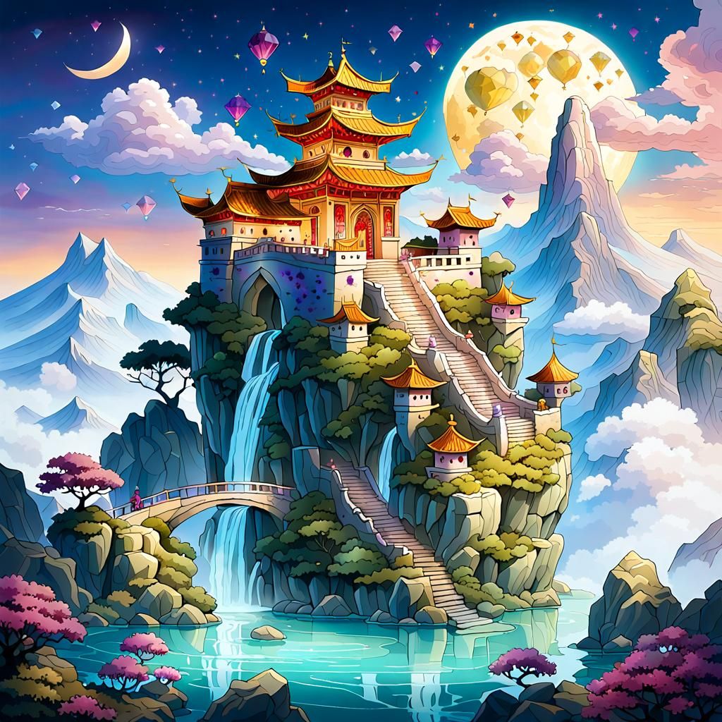 Magical Castle Floating on Clouds in Digital Oil Painting