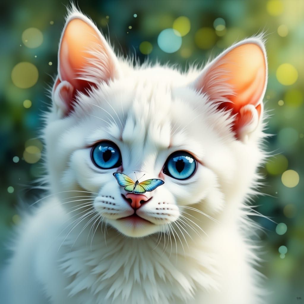 Adorable White Cat with Butterfly on Nose