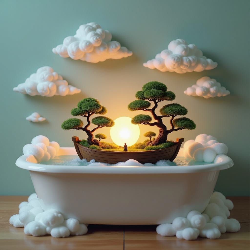 Miniature Arcology in Bathtub with Ethereal Clouds