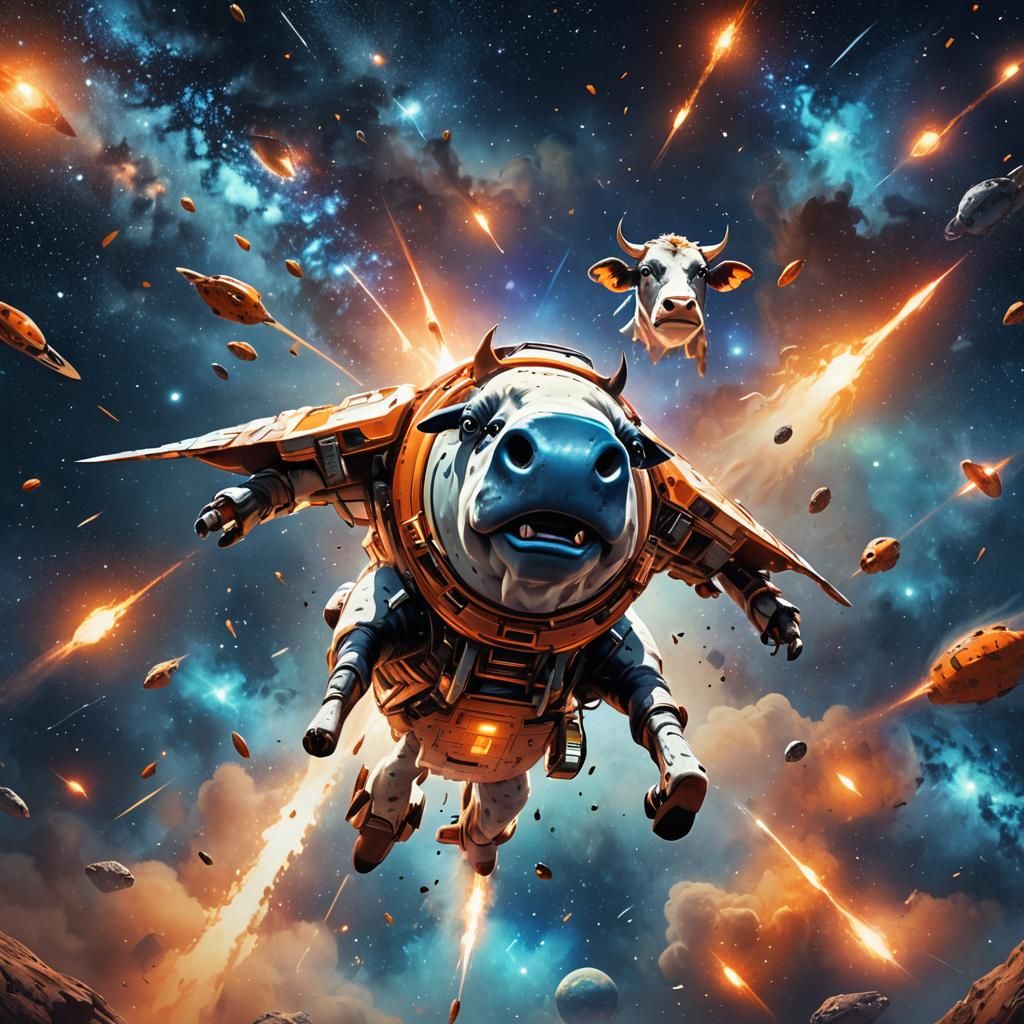 Cows Piloting Rocket Ship in Space: Detailed Matte Painting
