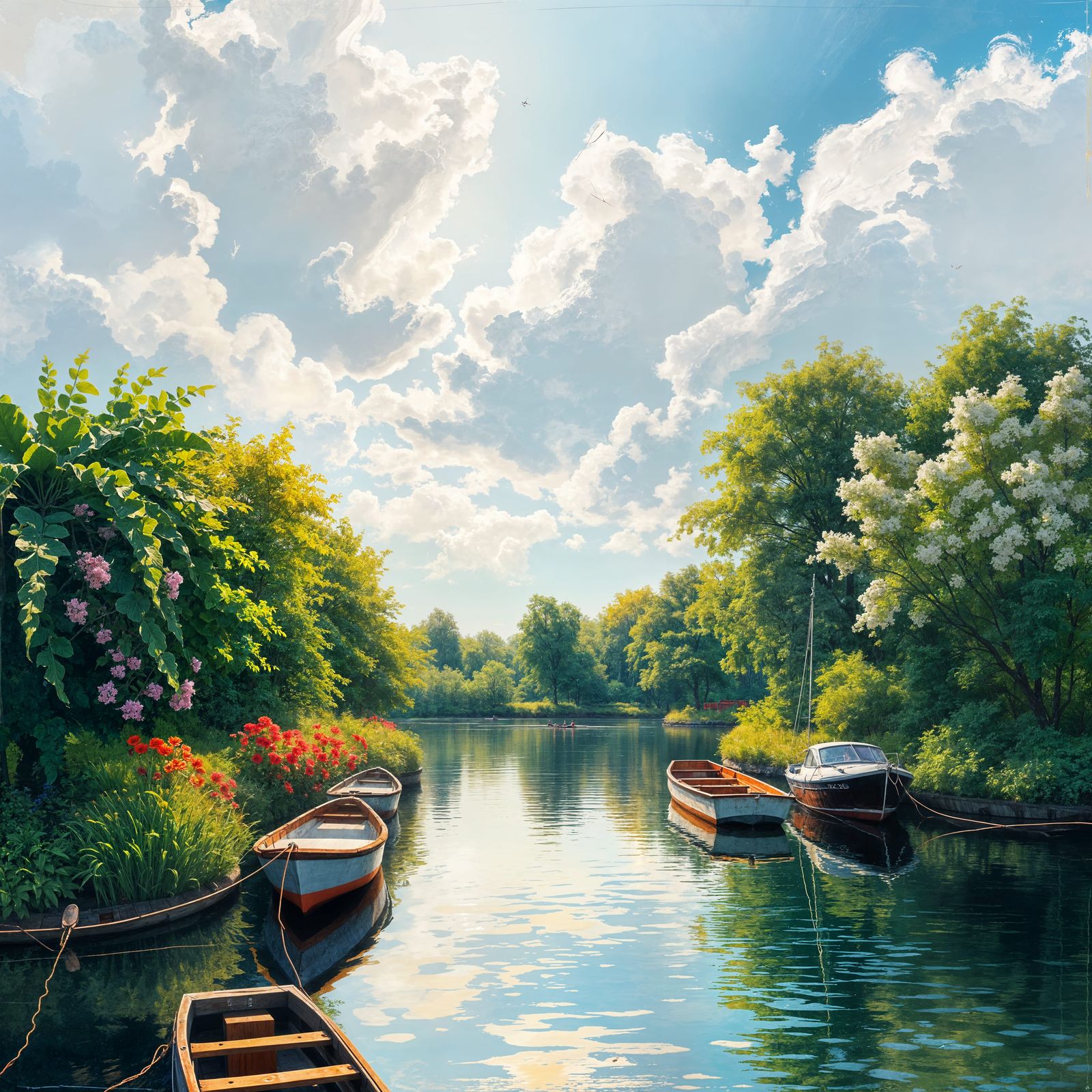 Impasto Summer Garden Scene with Boats on the River Bank