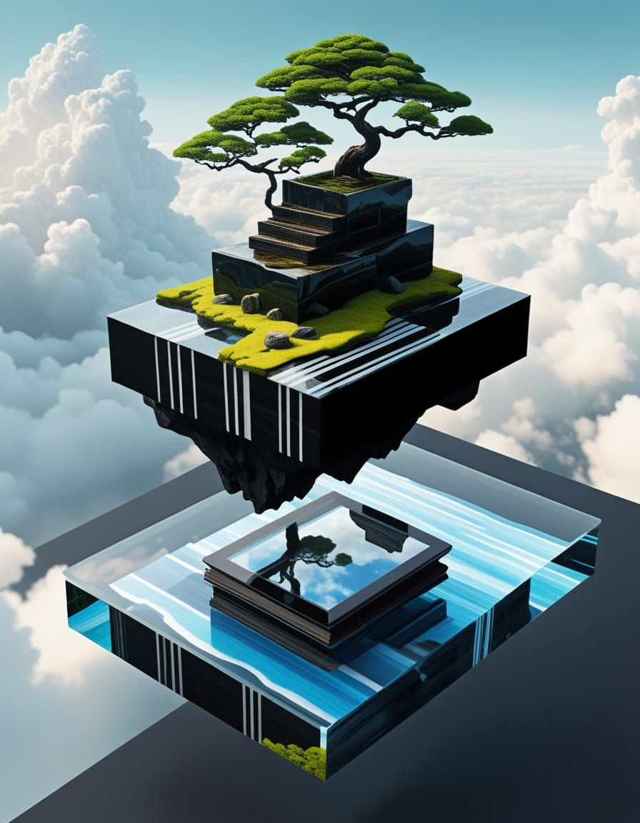 Ethereal Obsidian Landscape with Waterfall and Bonsai