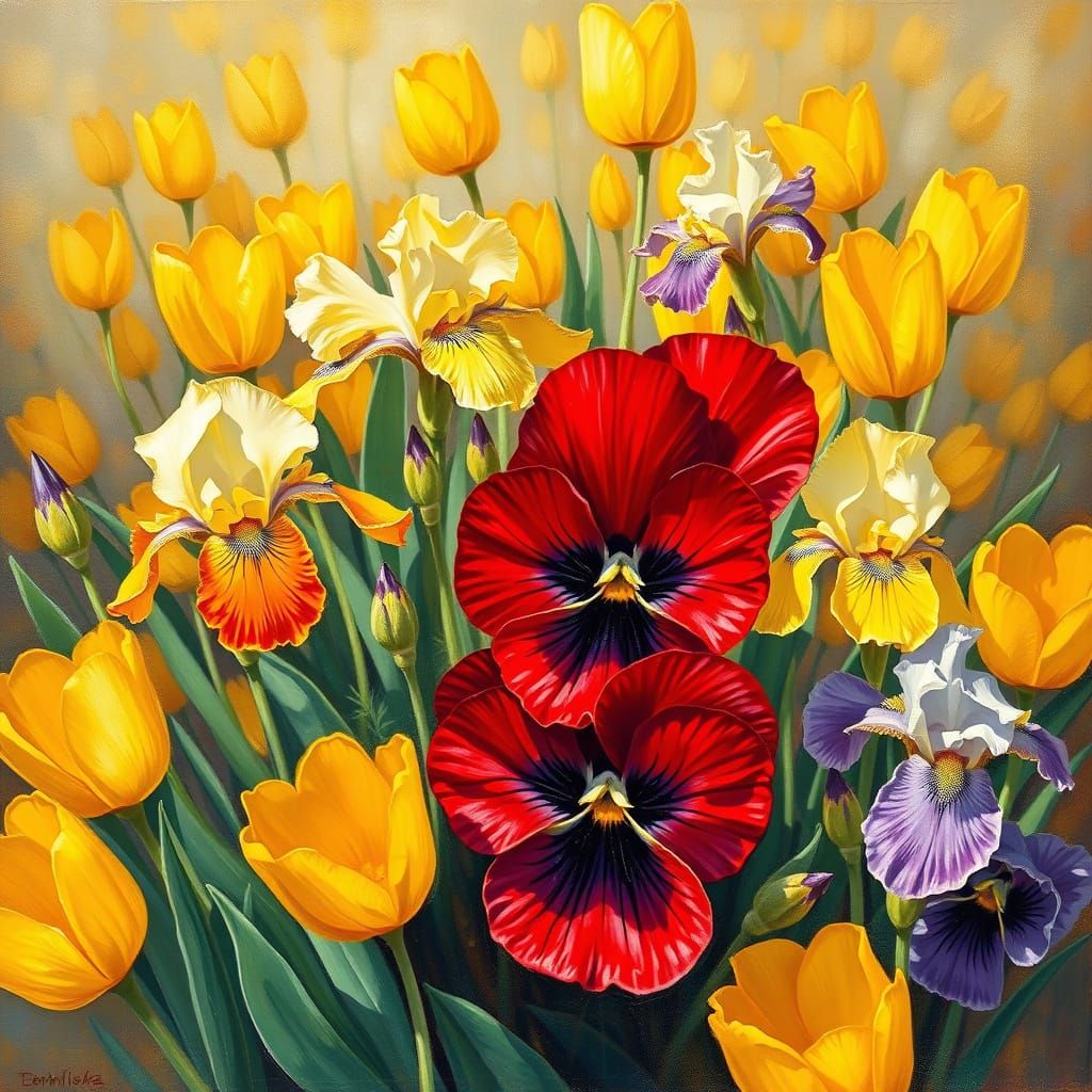 Floral Abundance: Pansies, Irises, and Tulips in Impressioni...