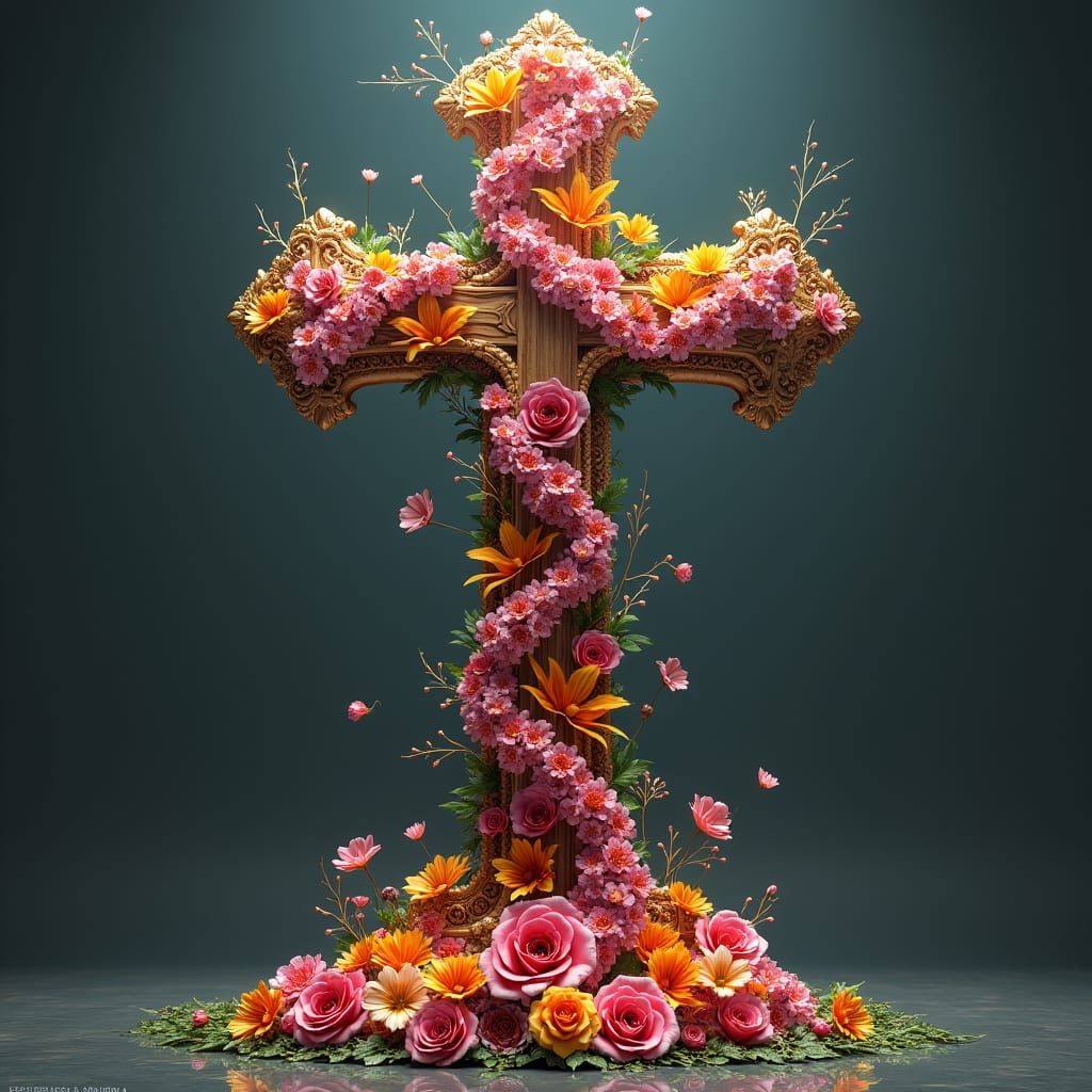 Ornate Cross Adorned with Exotic Flowers