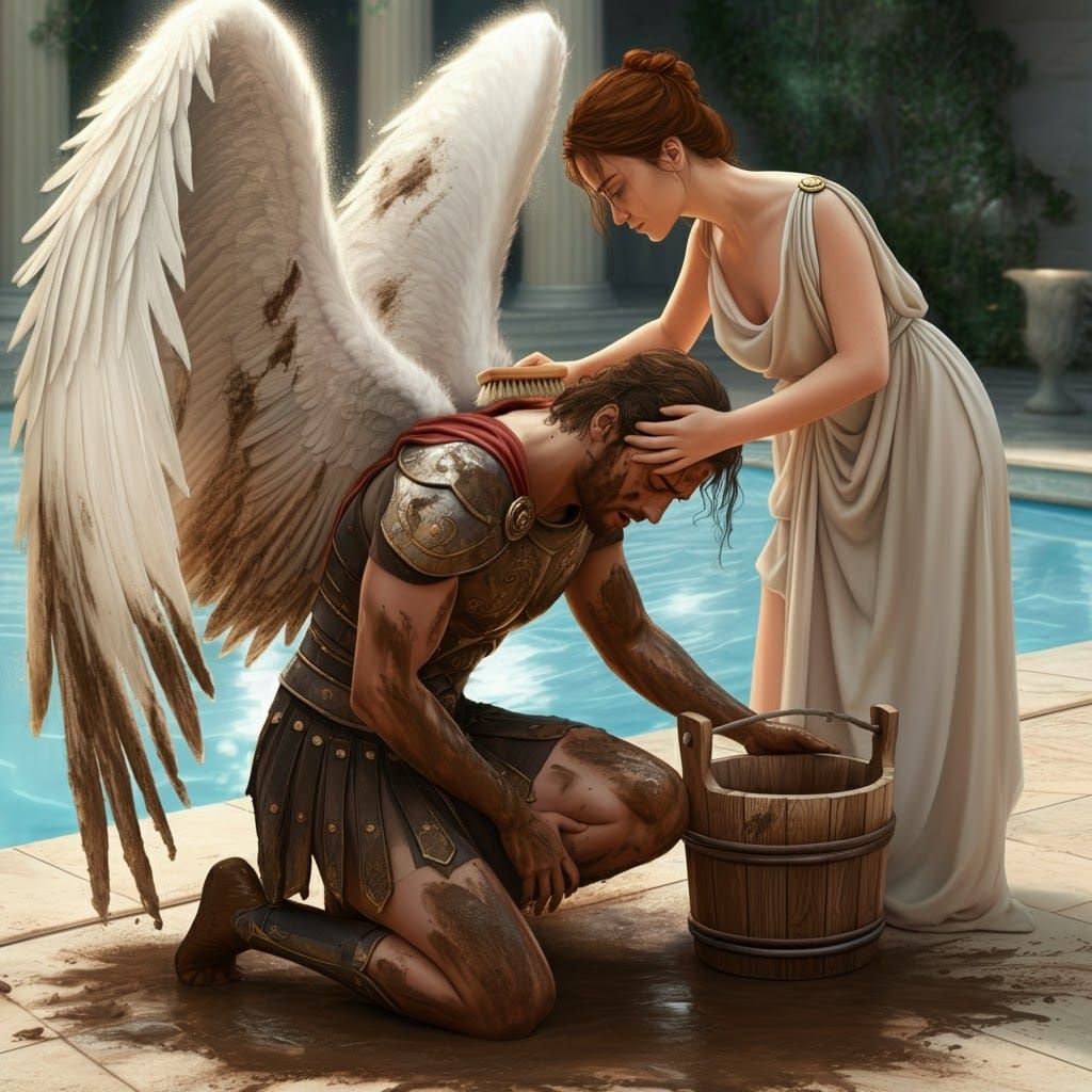 Maiden Cleans Angel Wings in Temple Courtyard