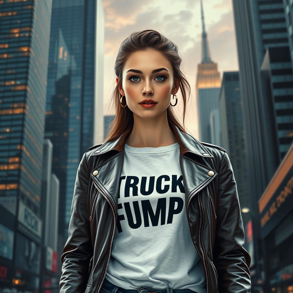 Woman in Leather Jacket Before Cityscape Billboard