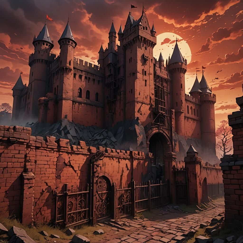 Menacing Castle Walls in Dark Anime Style